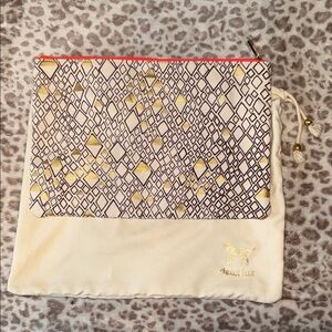 Deux Lux Cream Cosmetic Pouch with Gold Geometric Print and Coral Trim